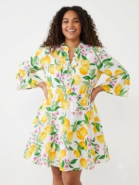 Take Two Lemon Print Tiered Dress Size 1X NWT P2P 23 In